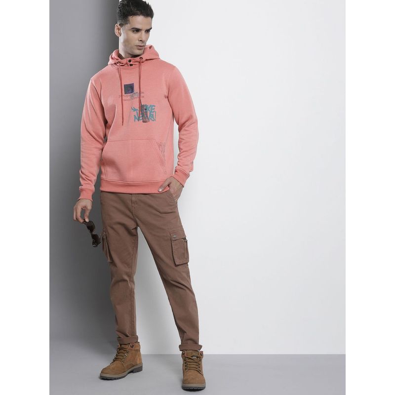 The Indian Garage Co Men Regular Fit Printed Pink Hoodie (XL)
