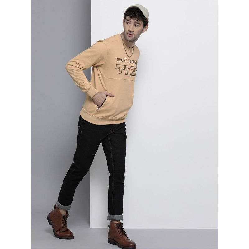 The Indian Garage Co Men Regular Fit Printed Crew Neck Khaki Sweatshirt (S)