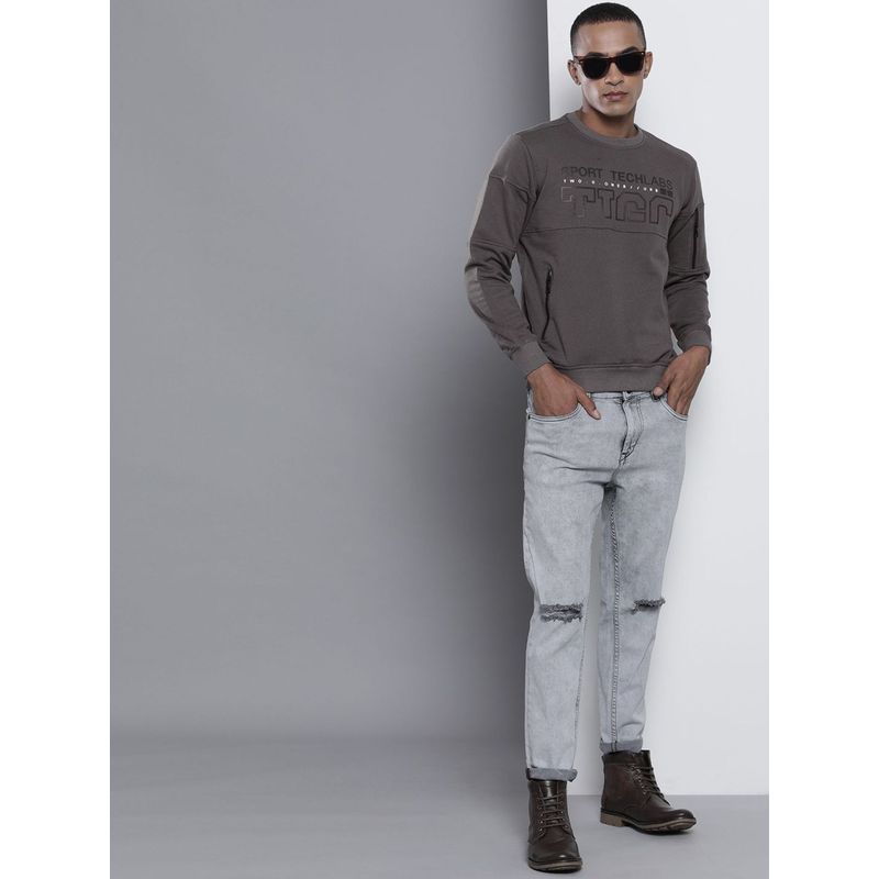 The Indian Garage Co Men Regular Fit Printed Crew Neck Grey Sweatshirt (S)