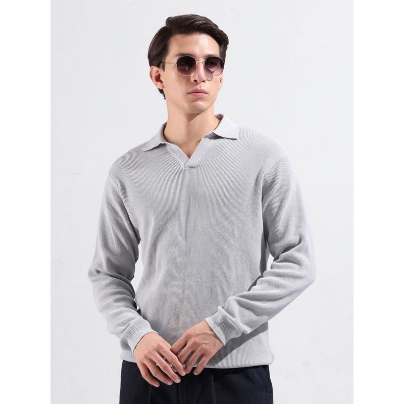 The Indian Garage Co Men Grey Textured Full Sleeves Polo T-shirt (XL)