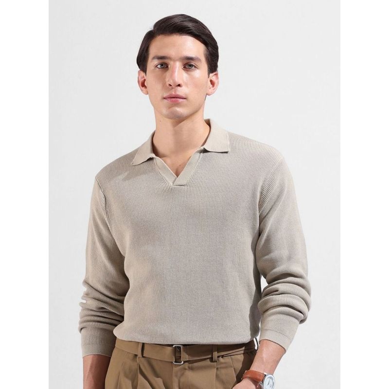 The Indian Garage Co Men Beige Solid Full Sleeves Polo T-shirt (XL)