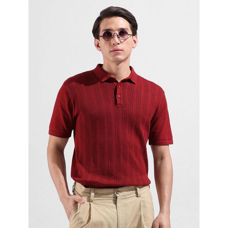 The Indian Garage Co Men Maroon Textured Polo T-shirt (S)