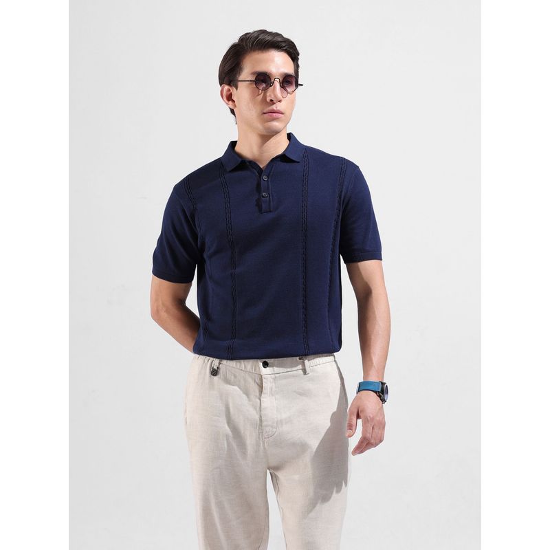 The Indian Garage Co Men Navy Blue Textured Polo T-shirt (M)