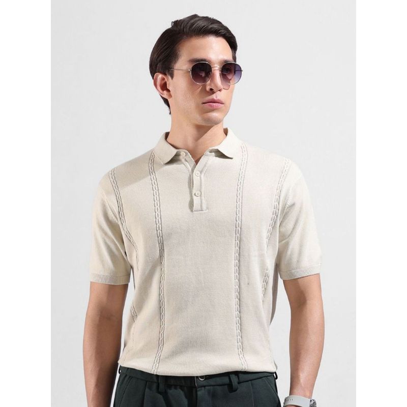 The Indian Garage Co Men Cream Textured Polo T-shirt (S)