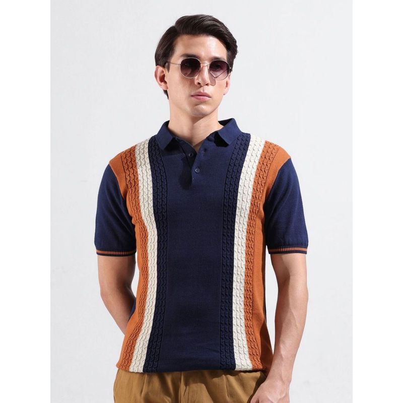 The Indian Garage Co Men Navy Blue Colorblock Polo T-shirt (XL)