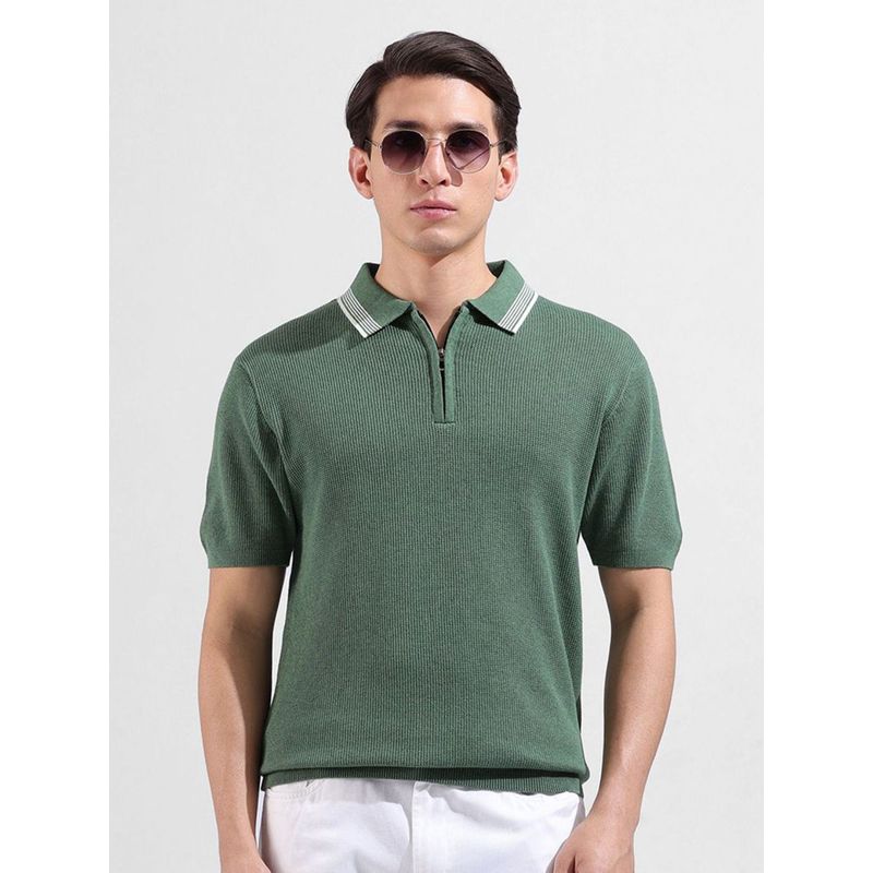 The Indian Garage Co Men Olive Textured Polo T-shirt (M)