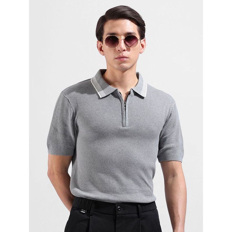 The Indian Garage Co Men Grey Textured Polo T-shirt (M)