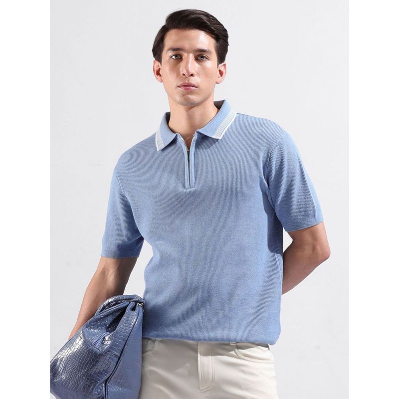 The Indian Garage Co Men Powder Blue Textured Polo T-shirt (L)