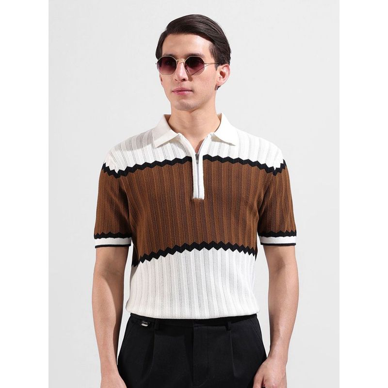The Indian Garage Co Men White and Brown Textured Polo T-shirt (L)