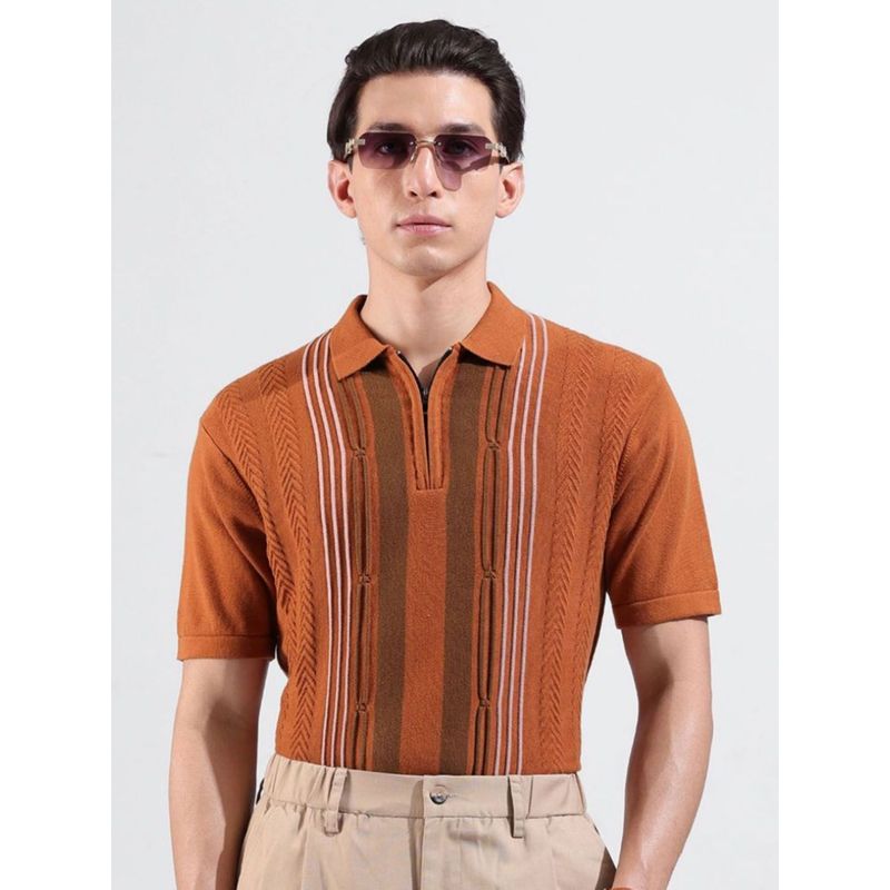 The Indian Garage Co Men Rust Textured Polo T-shirt (L)