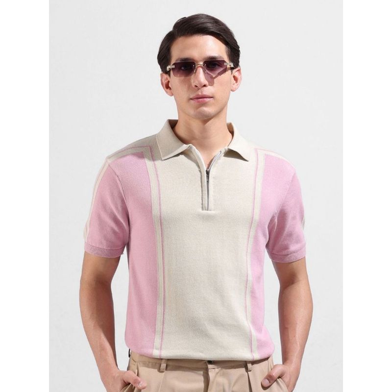 The Indian Garage Co Men Pink and Off White Colorblock Polo T-shirt (S)