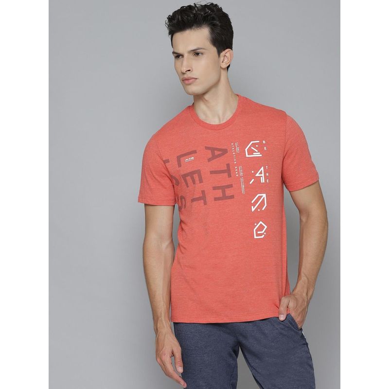 Alcis Men Rust Orange White Printed Round Neck T-Shirt (L)