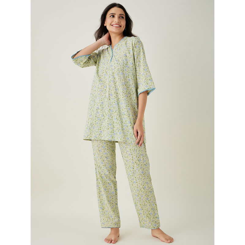 The Kaftan Company Green Floral Printed Cotton Co-ord (Set of 2) (M)