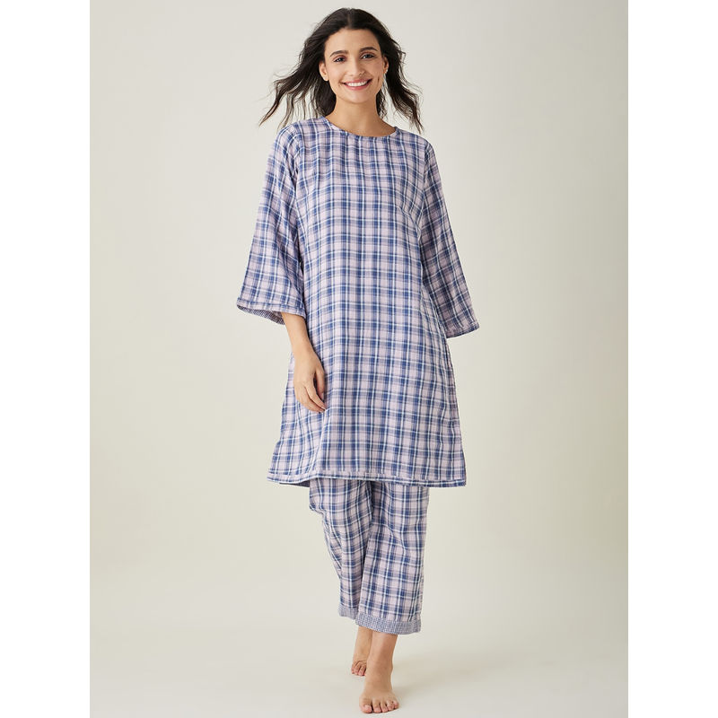 The Kaftan Company Blue Checks Reversible Top Cotton Pyjama (Set of 2