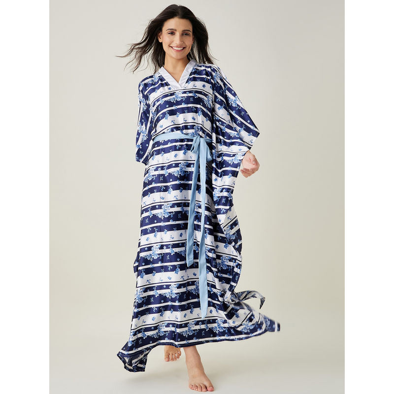 The Kaftan Company White And Blue Ditsy Floral Loungewear Kaftan (S)