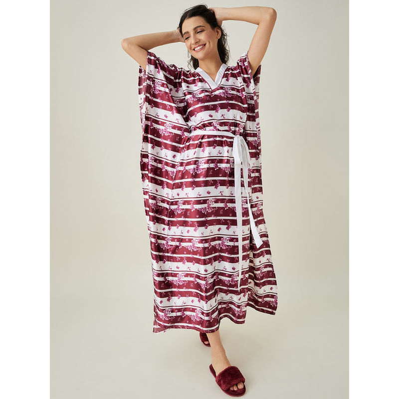 The Kaftan Company White And Maroon Ditsy Floral Loungewear Kaftan (M)