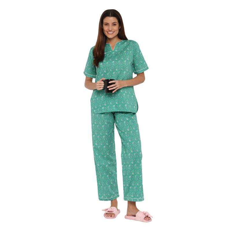 Shopbloom Ditsy Print Short Sleeve Women's Night Suit - Green (XS)
