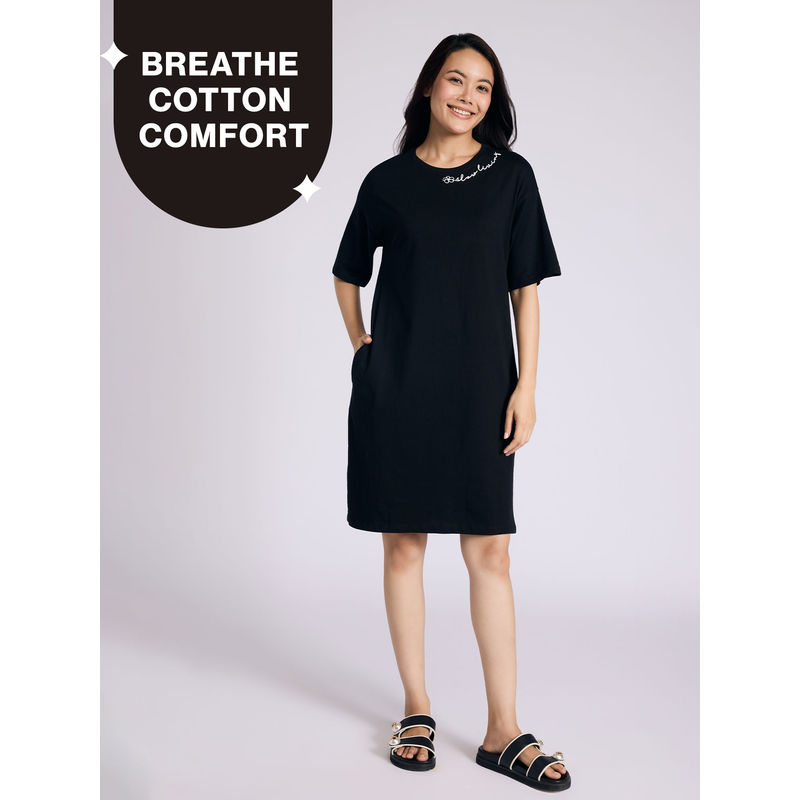 Nykd By Nykaa Breathe Cotton Relaxed Sleep Dress With Pockets Nys944 Black (2XL)