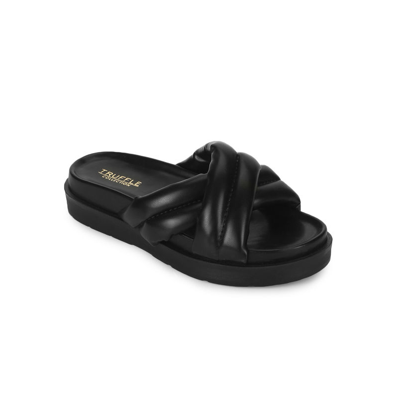Truffle Collection Black Pu Crisscross Quilted Slides - UK 7