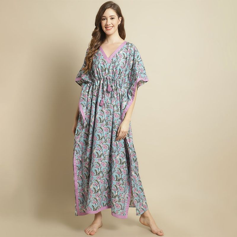 Poftik Kaftan Nighty Cotton Floral Print Kaftan Maxi Night Dress Gown Nighty Dori at Waist
