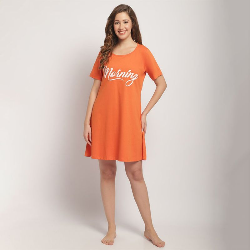 Secret Wish Womens Orange Cotton Printed Short Nightdress (S)
