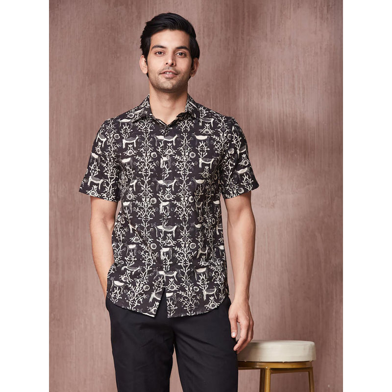 Fabindia Black Cotton Slim Fit Dabu Printed Shirt (S)