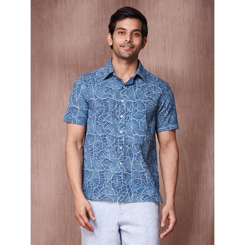 Fabindia Indigo Cotton Dabu Printed Regular Fit Shirt (M)