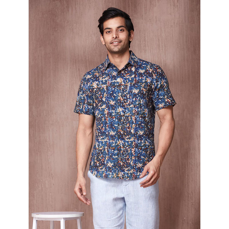 Fabindia Navy Blue Cotton Slim Fit Bagru Printed Shirt (S)