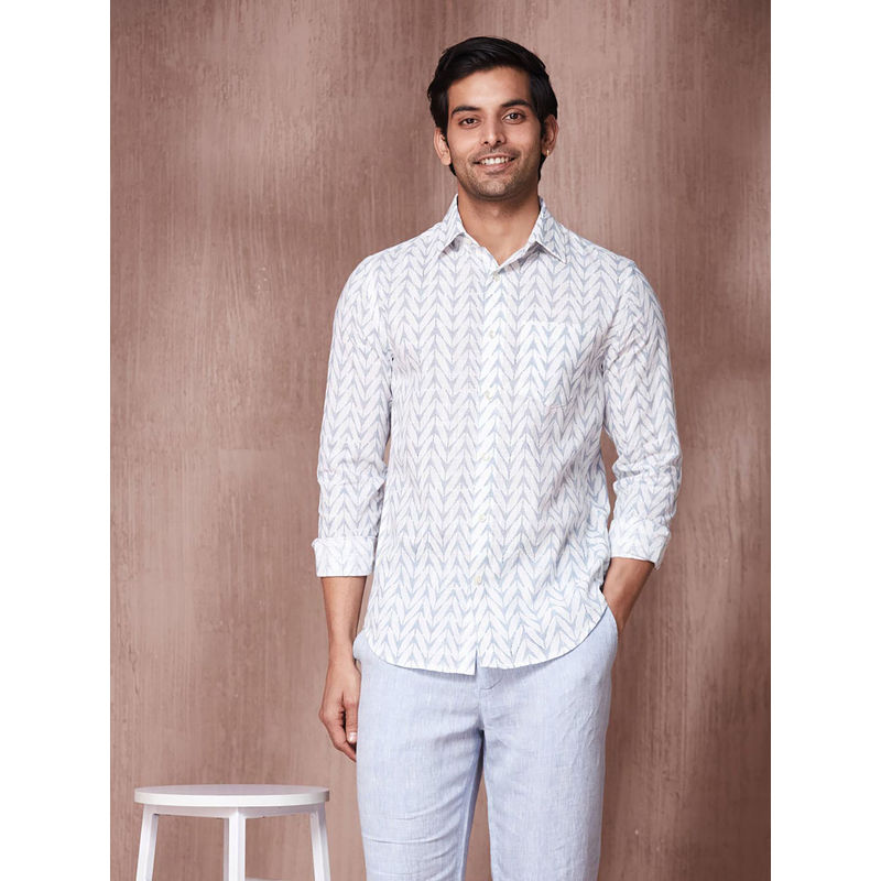 Fabindia White Cotton Slim Fit Printed Full Sleeves Shirt (S)