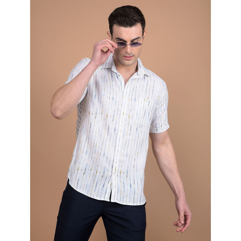 CRIMSOUNE CLUB Mens White Stripes Linen Shirt (M)