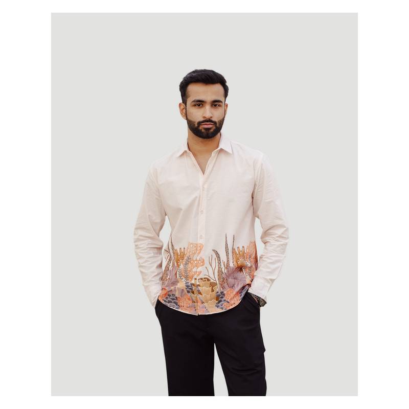 DRAGIT Men Aquatic Plant Ivory Full Sleeves Cotton Shirt (S)