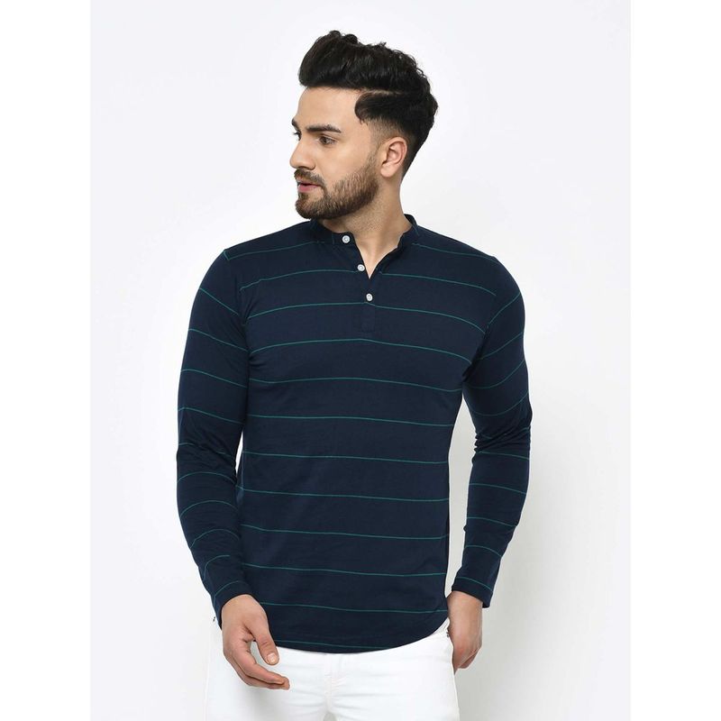 RIGO Men Blue Stripe Henley Full Sleeve Cotton T-Shirt (M)