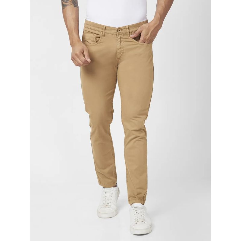 Spykar Men Camel Khaki Cotton Slim Fit Ankle Length Mid Rise Trousers (30)