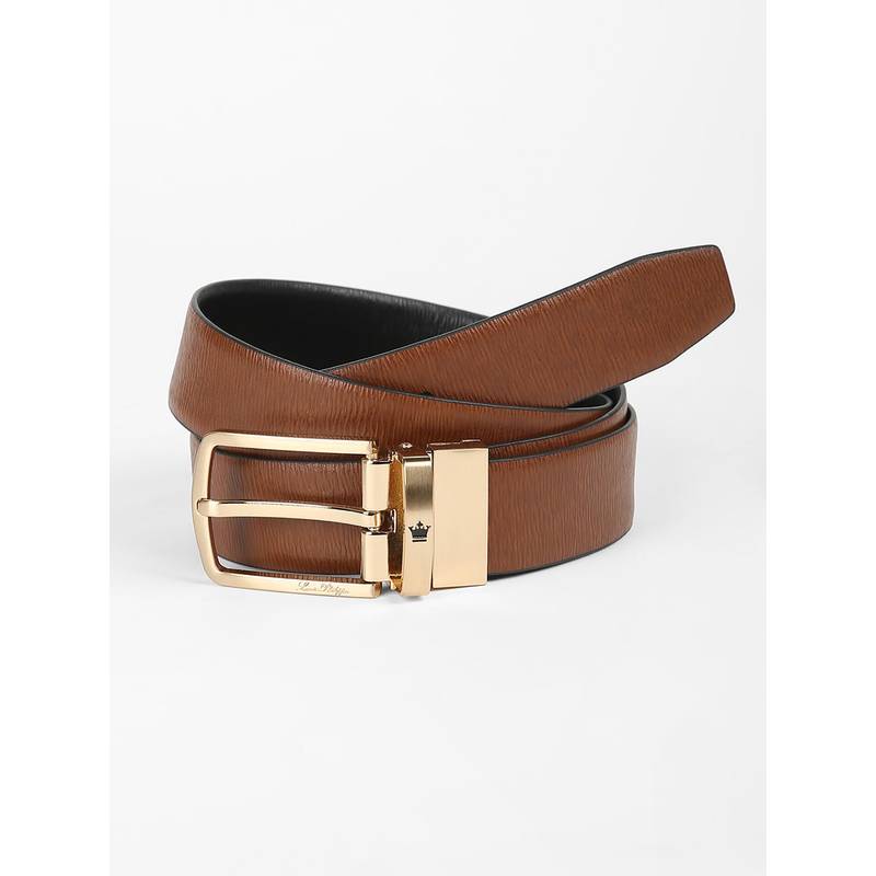 Louis Philippe Men 100% Italian Leather Brush Gold Buckle Formal Reversible Belt (M)