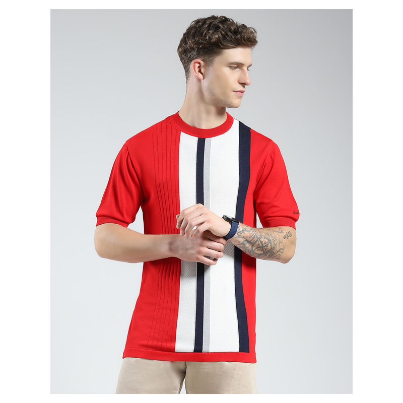Monte Carlo Mens Red Striped Round Neck T-Shirt (L)