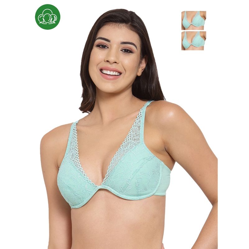 Inner Sense Organic Cotton Antimicrobal Laced Cushioned Padded Underwired Bra -Pack Of 3 -Green (34C)