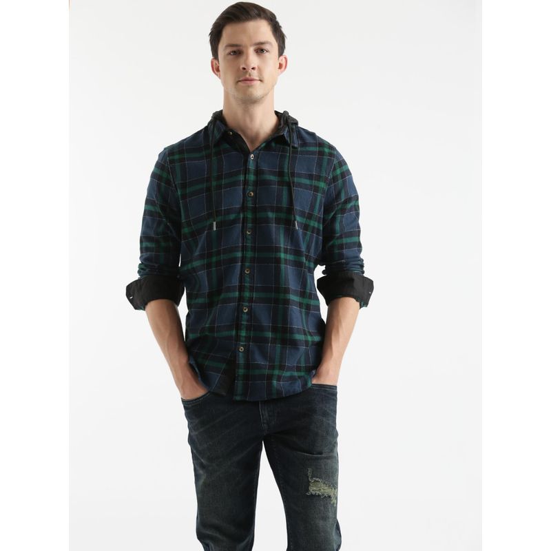 WROGN Blue Checks Collar Neck Casual Shirt (2XL)