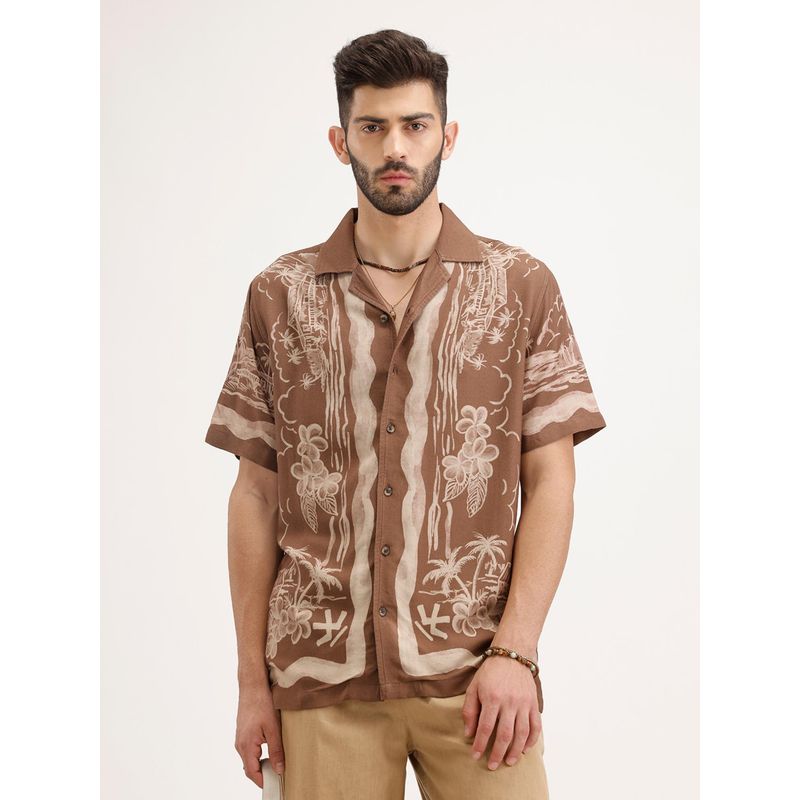 WROGN Brown Printed Collar Neck Casual Shirt (M)