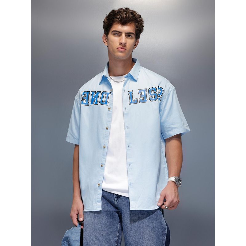 WROGN Blue Typography Collar Neck Casual Shirt (S)