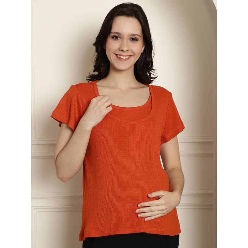 Secret Wish Orange Ribbed Maternity/Nursing Top (M)