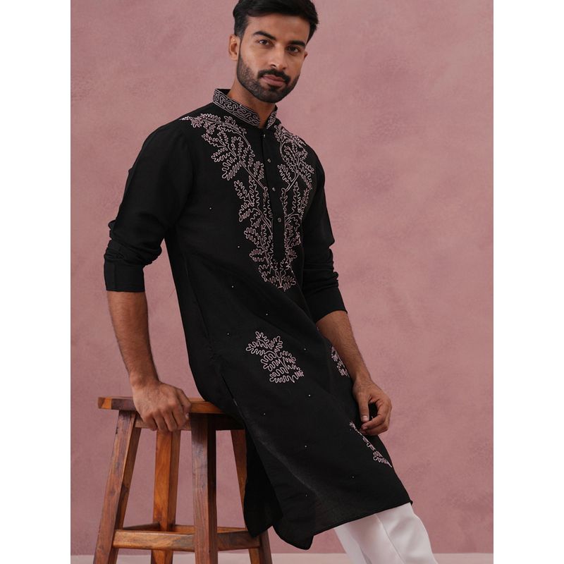 Jompers Men Black Silk Mandarin Neck Embroidered Kurta (M)