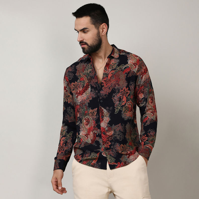 Campus Sutra Mens Crimson Red & Midnight Black Paisley Flora Shirt (XL)