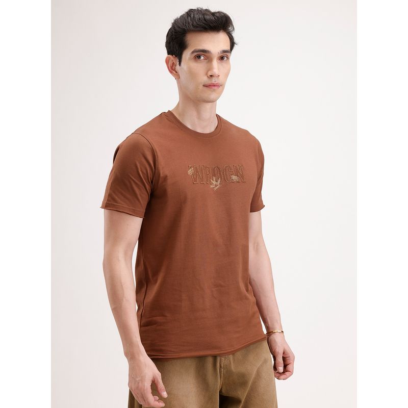 WROGN Brown Embroidered Crew Neck Slim T-Shirt (M)