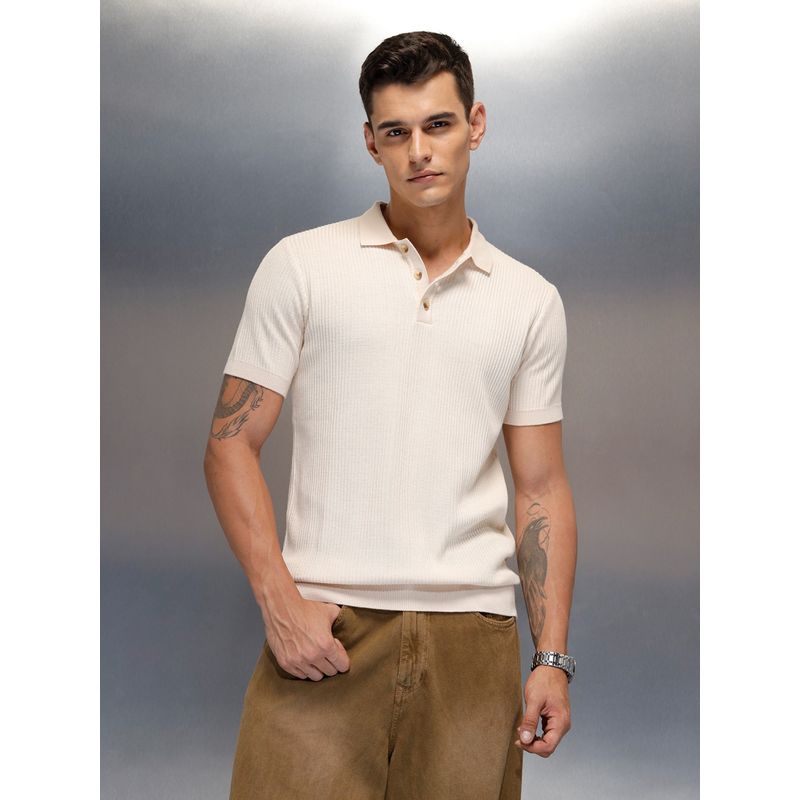 WROGN Beige Textured Collar Neck Slim Polo T-Shirt (S)