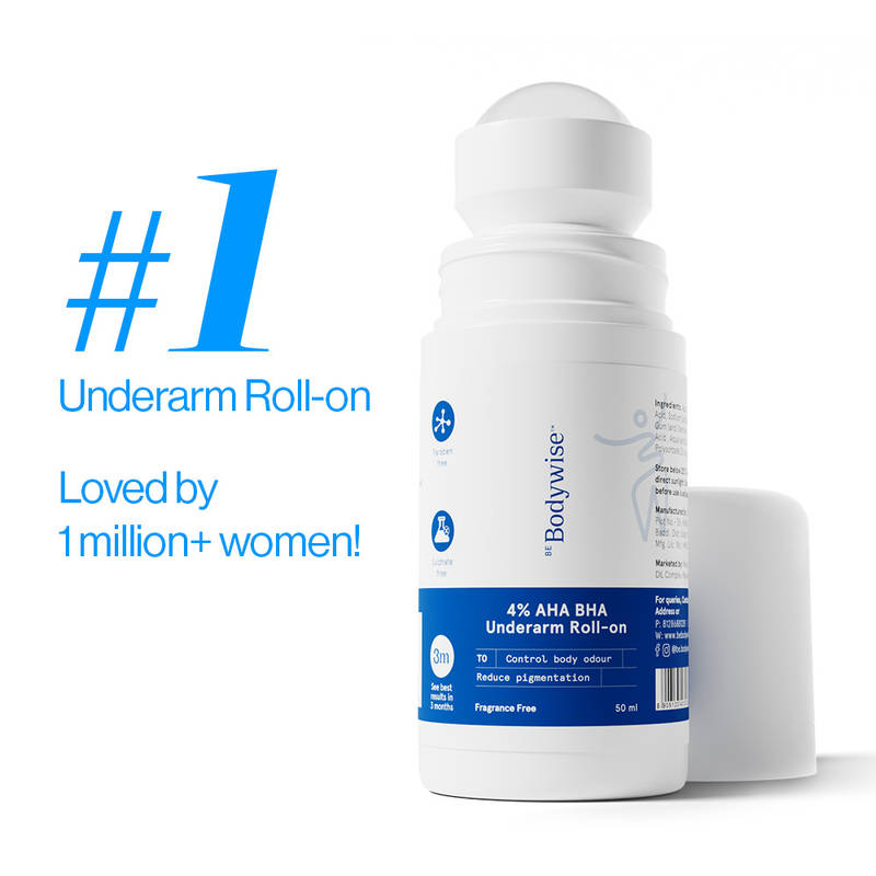 Be Bodywise 4% AHA BHA Fragrance Free Underarm Roll On - With 2% Lactic Acid & Alpha Arbutin