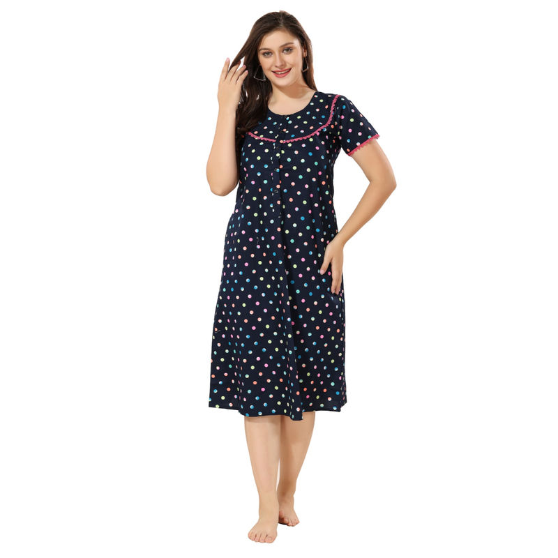 PIU Navy Blue Maternity Cotton Half Sleeves Polka Print Nighty (XL)