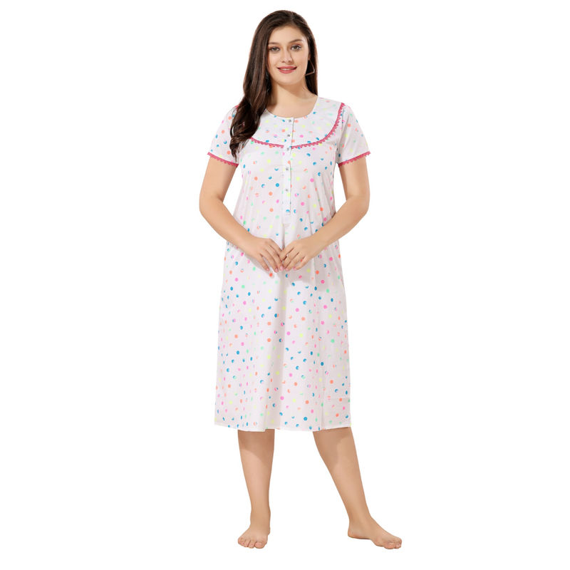 PIU White Maternity Cotton Half Sleeves Polka Print Nighty (L)