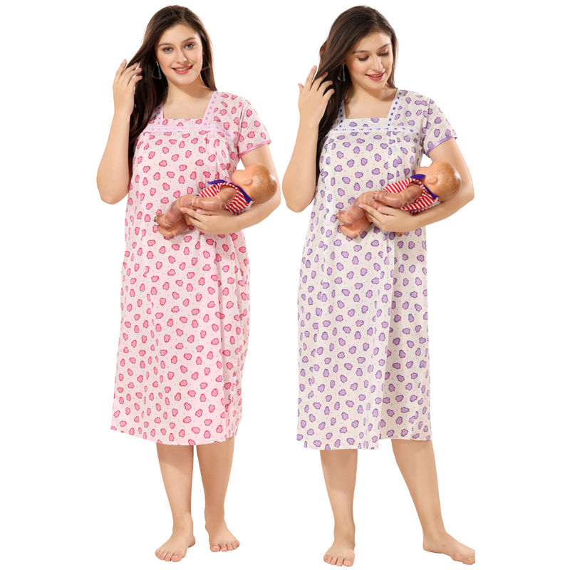 PIU Pink & Purple Feeding Cotton Half Sleeves Penguin Print Nighties (Pack of 2) (XL)