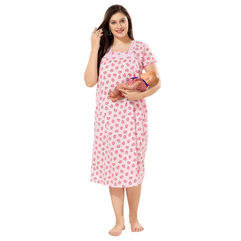PIU Pink Feeding Cotton Half Sleeves Penguin Print Nighty (M)