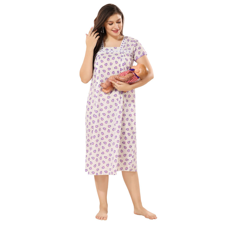 PIU Purple Feeding Cotton Half Sleeves Penguin Print Nighty (L)